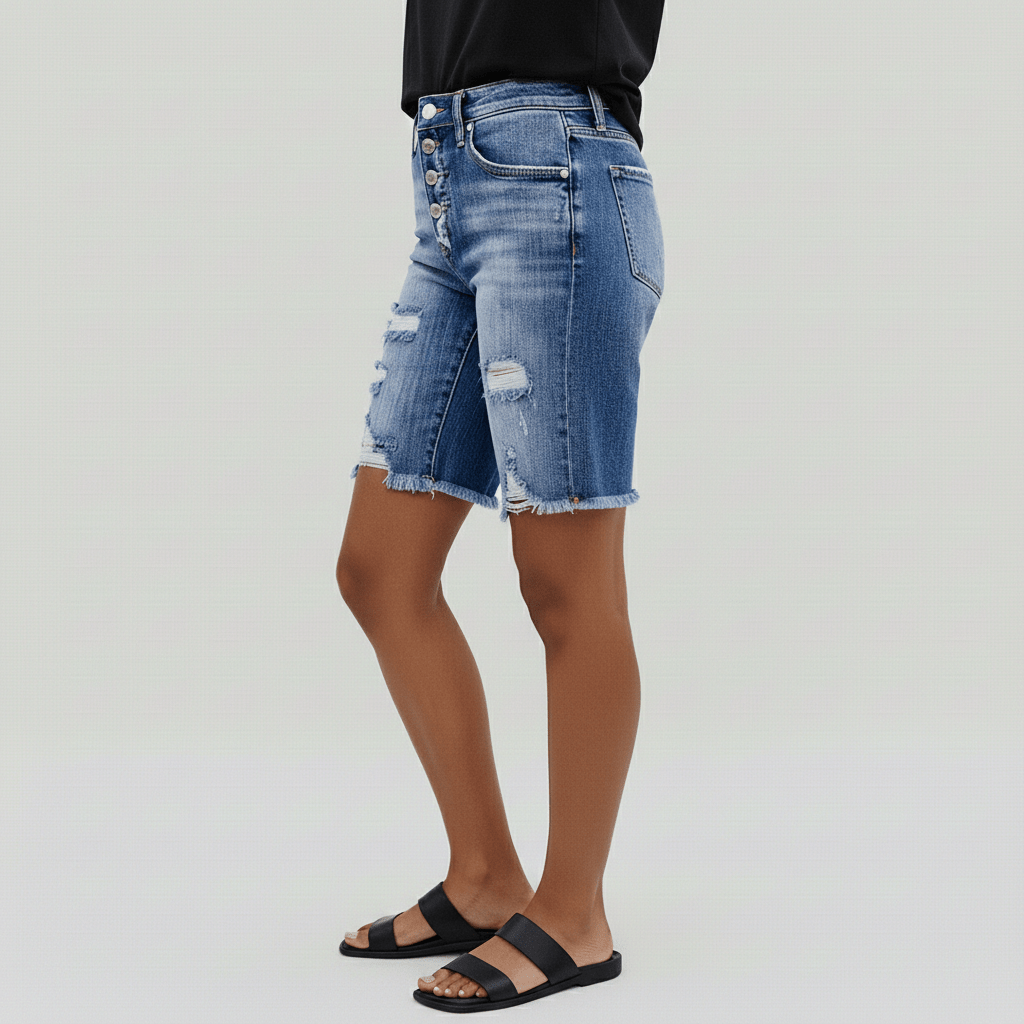 Jenny Button Fly Distressed Denim Shorts Frayed Hem
