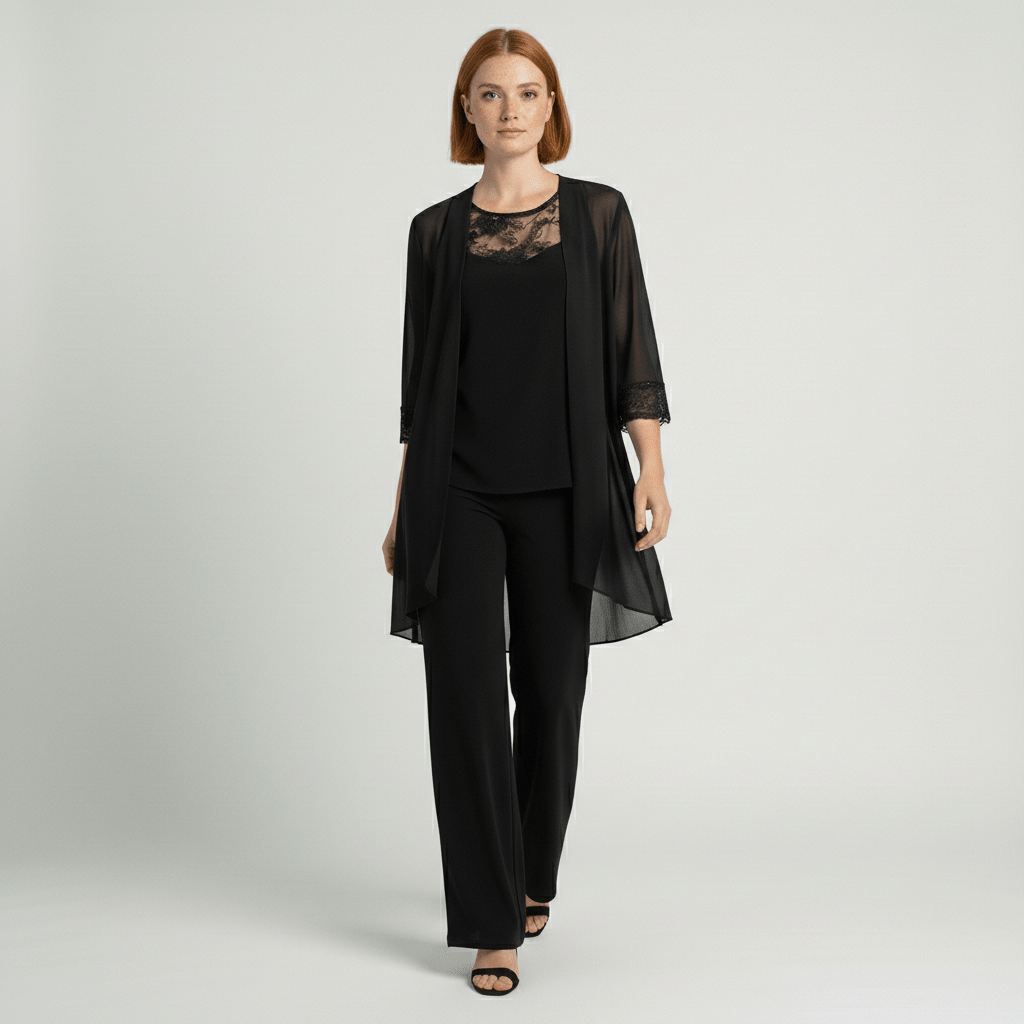 Joy Two Piece Set Sheer Longline Cardigan Top and Wide-Leg Pants