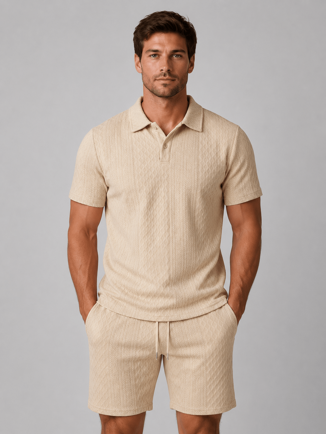 Men's Textured Short Sleeve Polo Shirt and Shorts Co-ord Set
