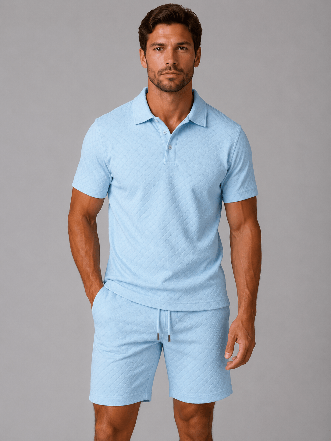Men's Textured Short Sleeve Polo Shirt and Shorts Co-ord Set