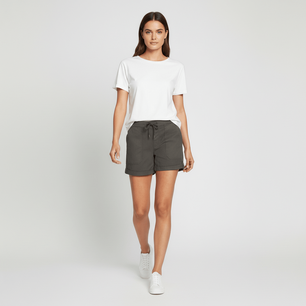 Leona Drawstring Waist Shorts Rolled Hem Patch Pockets