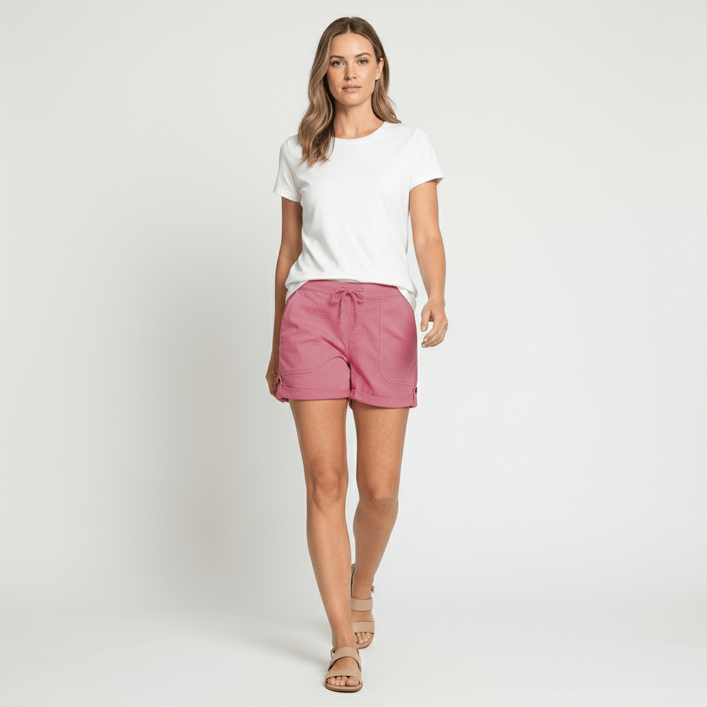 Leona Drawstring Waist Shorts Rolled Hem Patch Pockets
