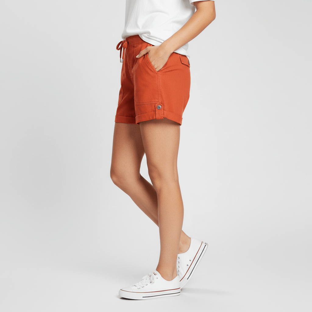 Leona Drawstring Waist Shorts Rolled Hem Patch Pockets