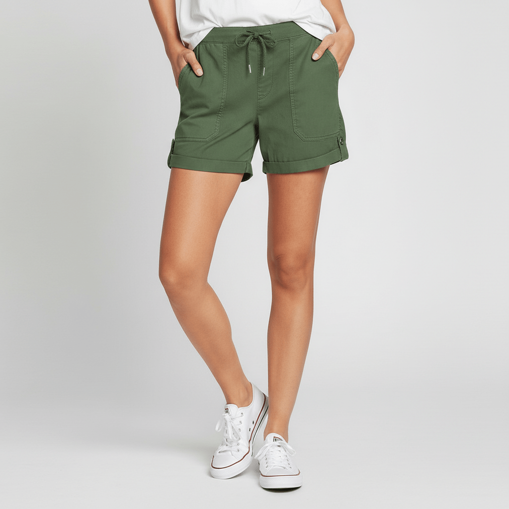 Leona Drawstring Waist Shorts Rolled Hem Patch Pockets