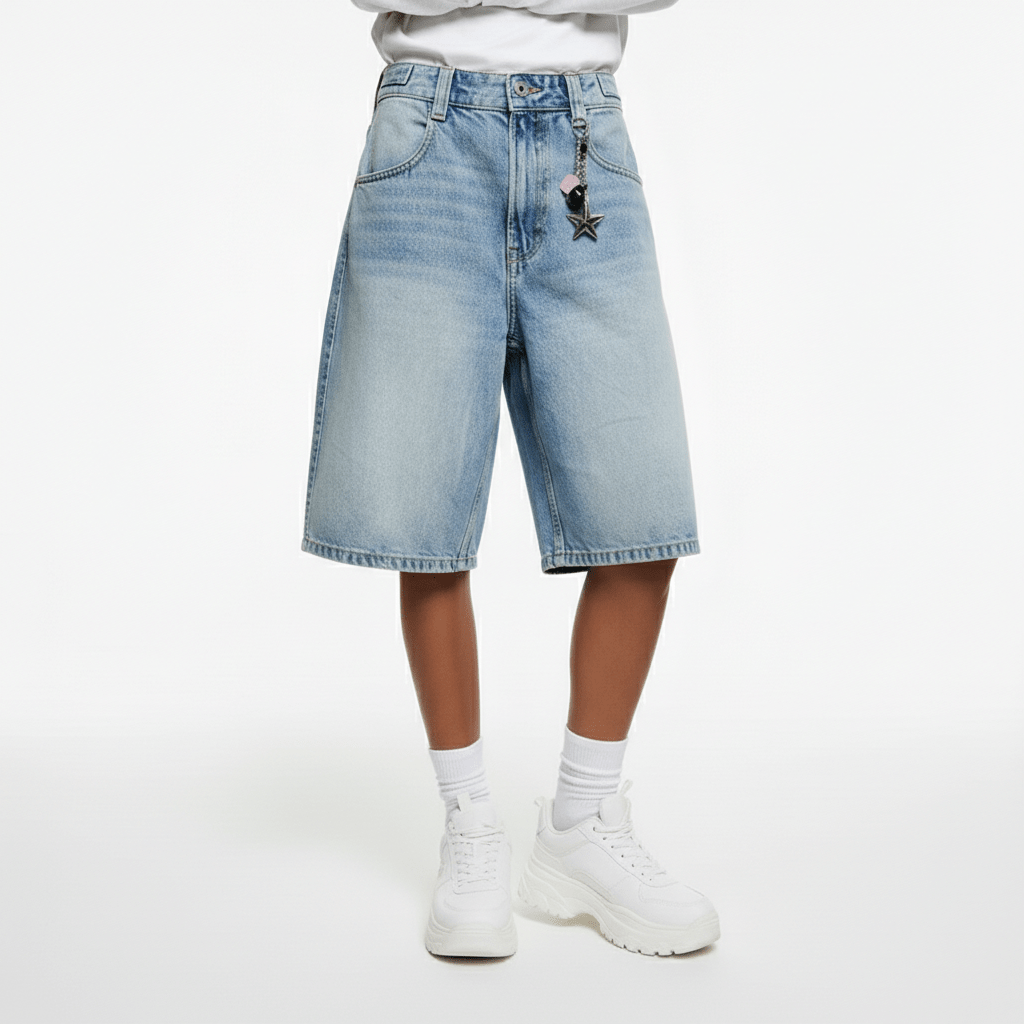 Leora Mid Rise Denim Shorts Relaxed Knee Length