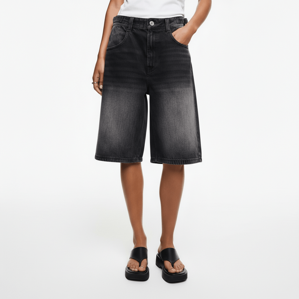 Leora Mid Rise Denim Shorts Relaxed Knee Length