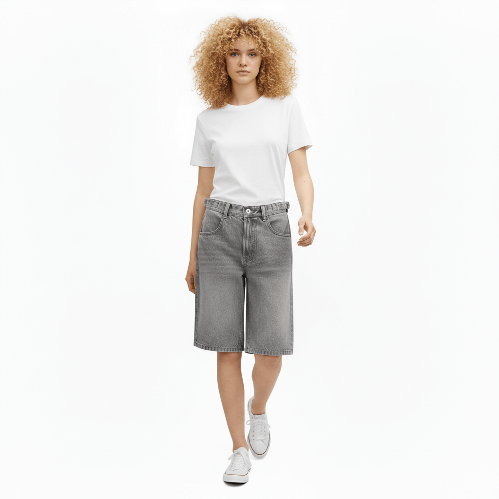 Leora Mid Rise Denim Shorts Relaxed Knee Length