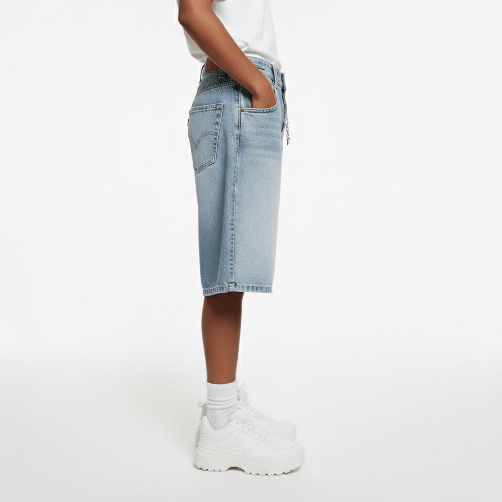 Leora Mid Rise Denim Shorts Relaxed Knee Length