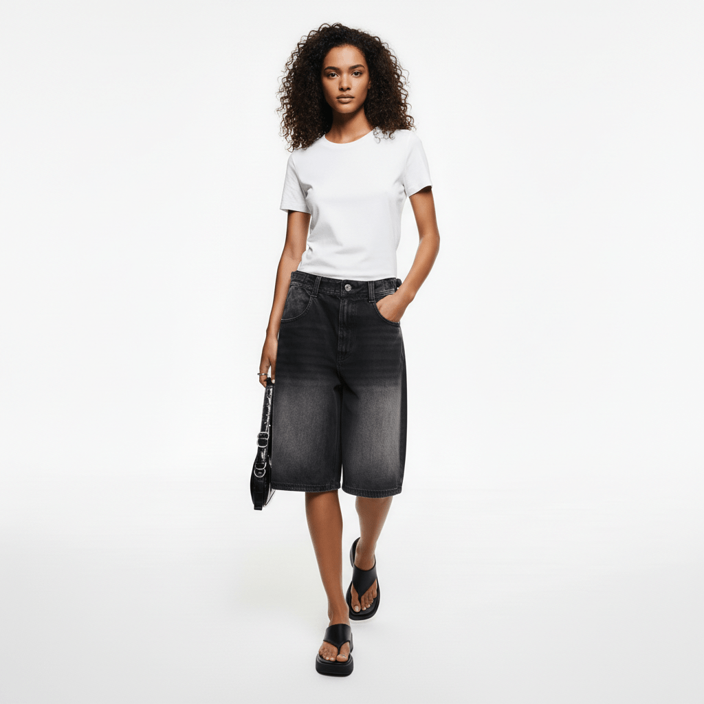 Leora Mid Rise Denim Shorts Relaxed Knee Length