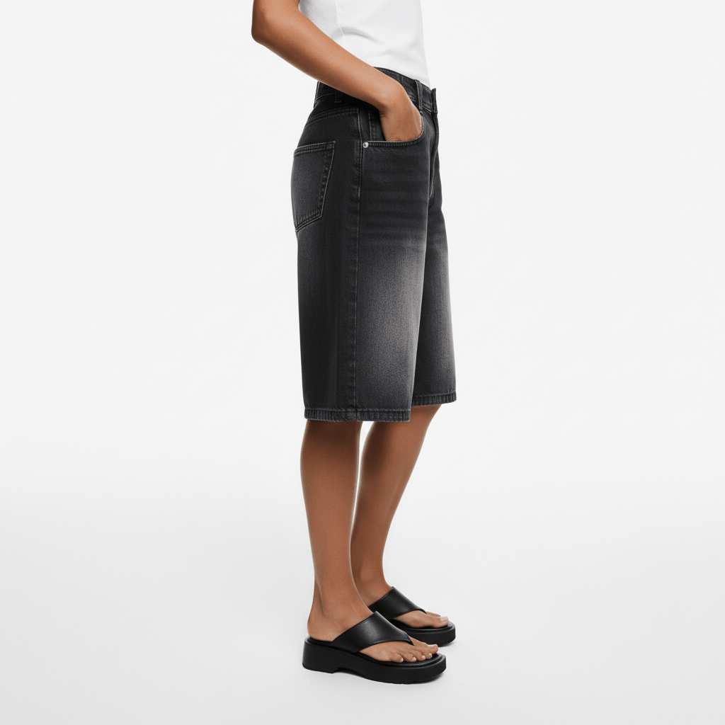 Leora Mid Rise Denim Shorts Relaxed Knee Length