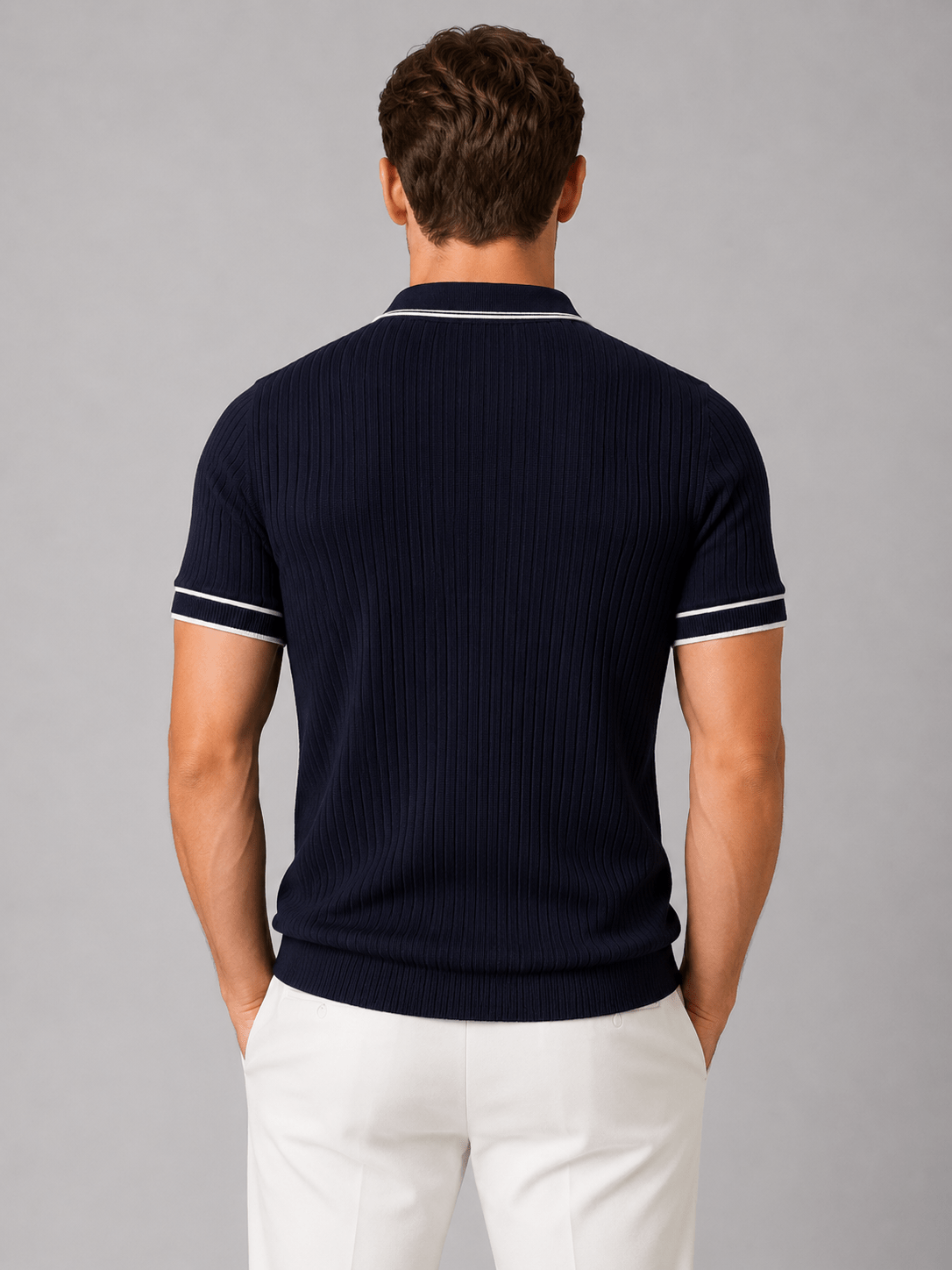 Men's Ribbed Knitted Polo Shirt - Short Sleeve Contrast Tipped