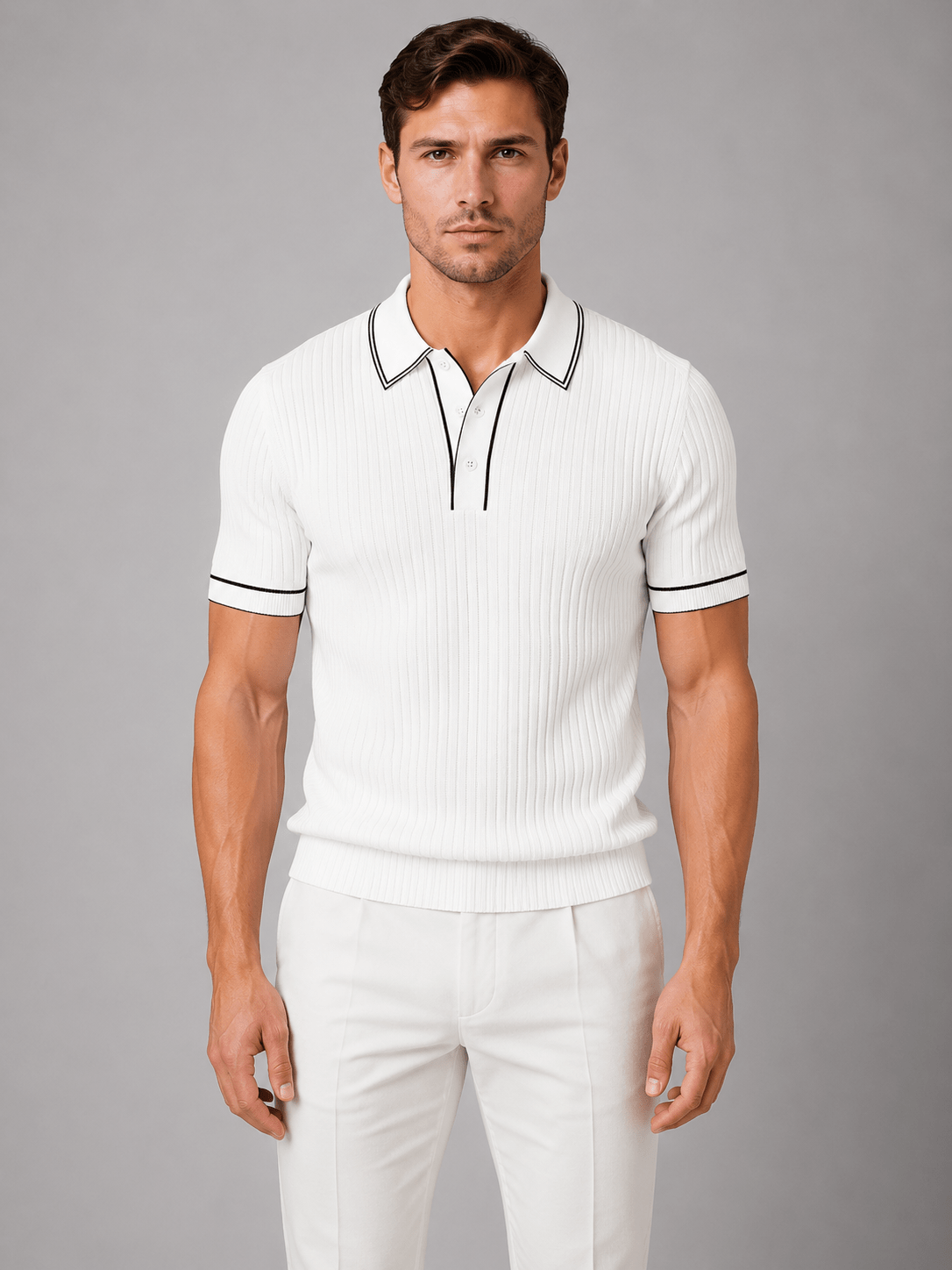 Men's Ribbed Knitted Polo Shirt - Short Sleeve Contrast Tipped