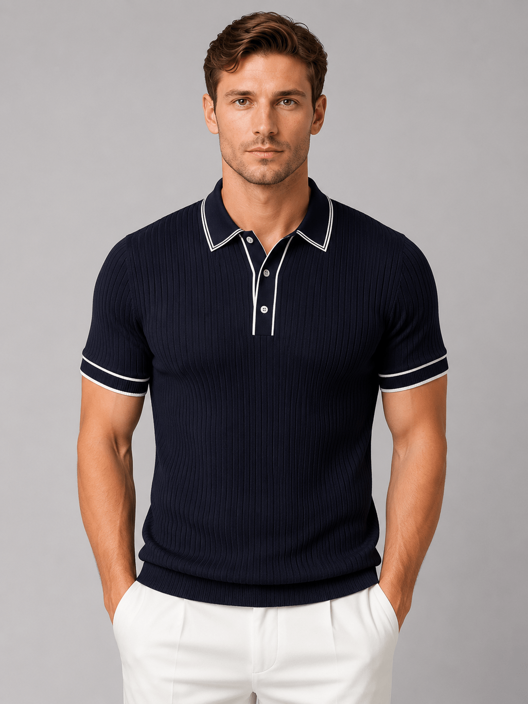 Men's Ribbed Knitted Polo Shirt - Short Sleeve Contrast Tipped