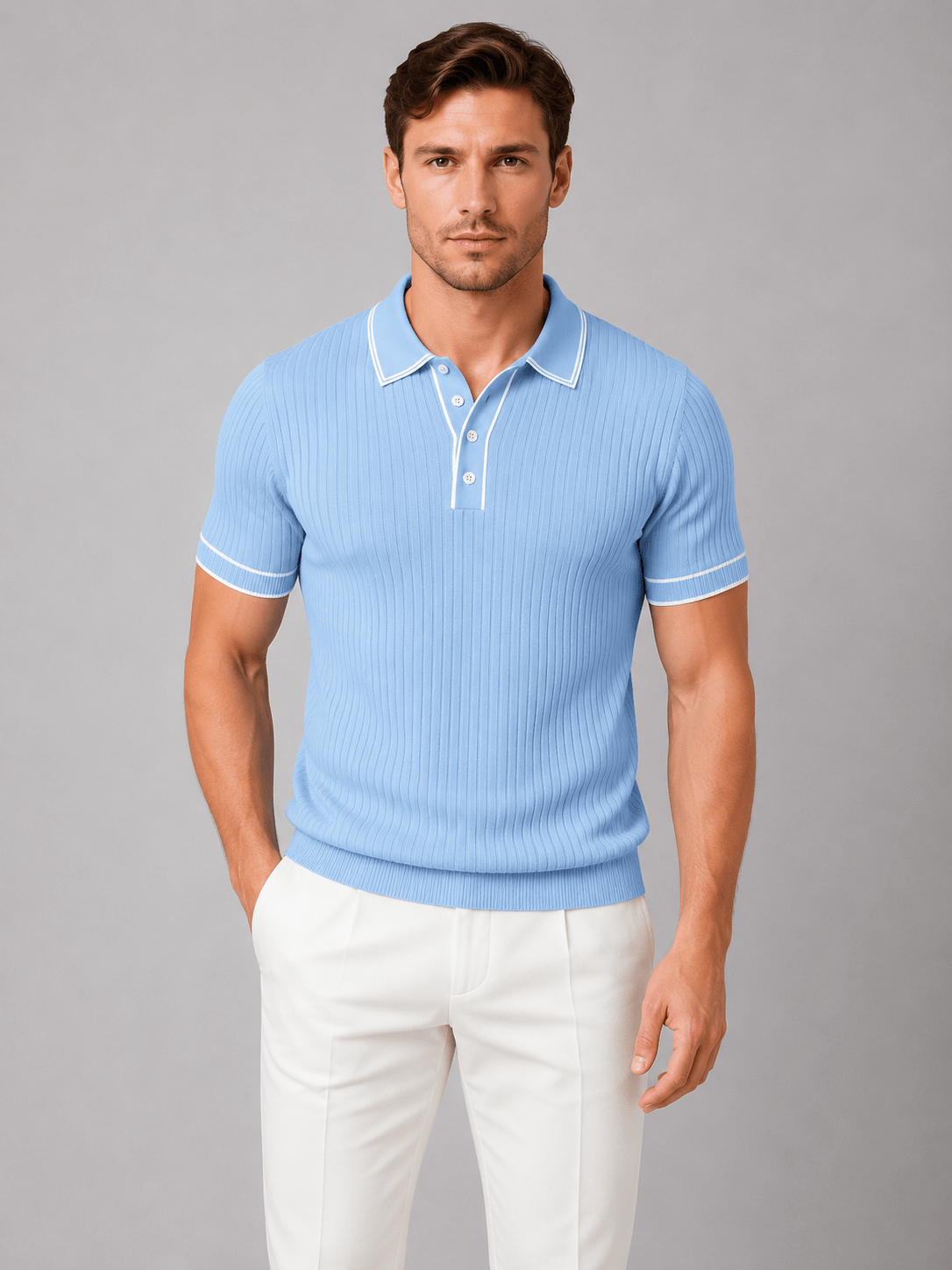 Men's Ribbed Knitted Polo Shirt - Short Sleeve Contrast Tipped