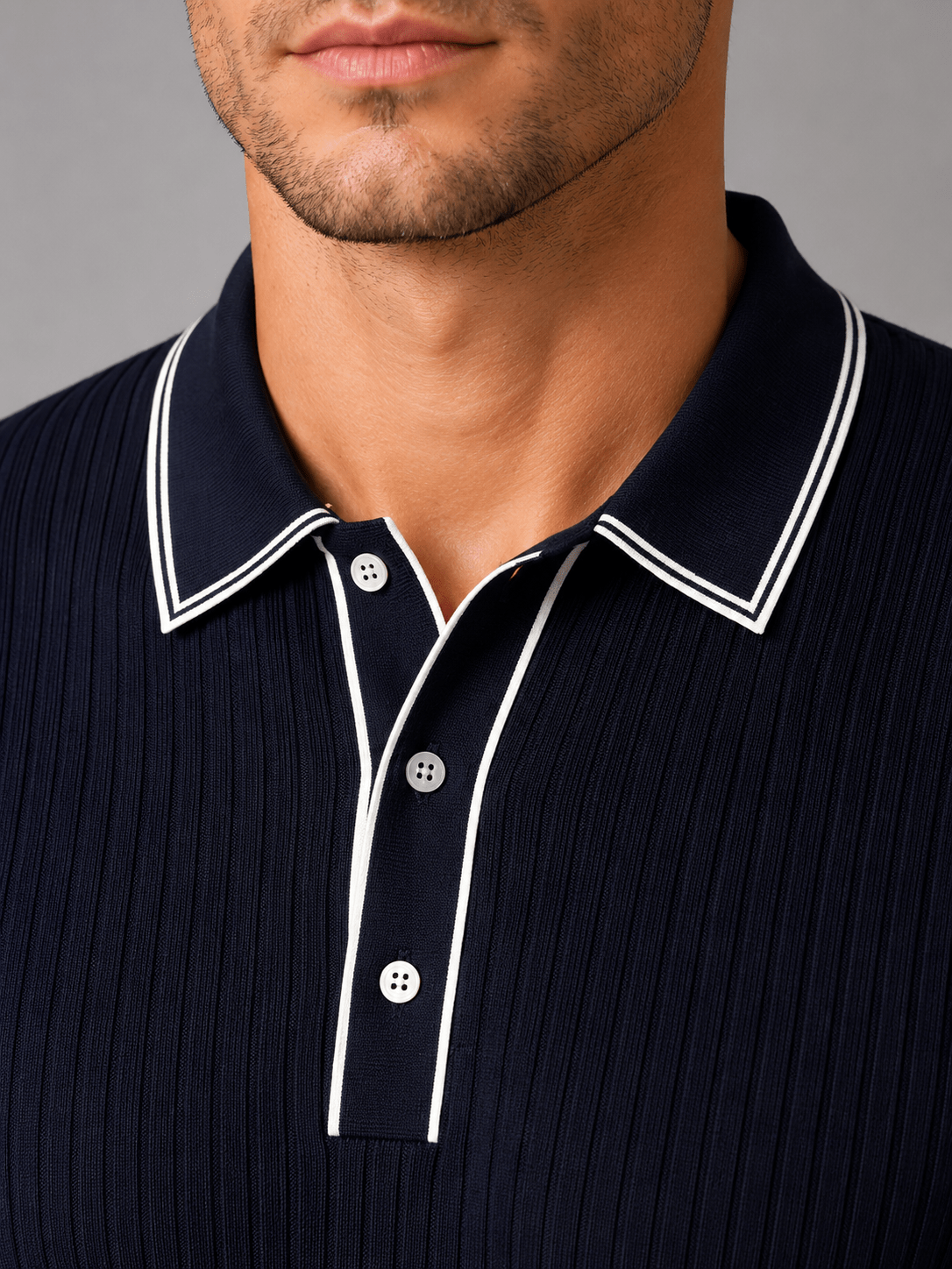 Men's Ribbed Knitted Polo Shirt - Short Sleeve Contrast Tipped