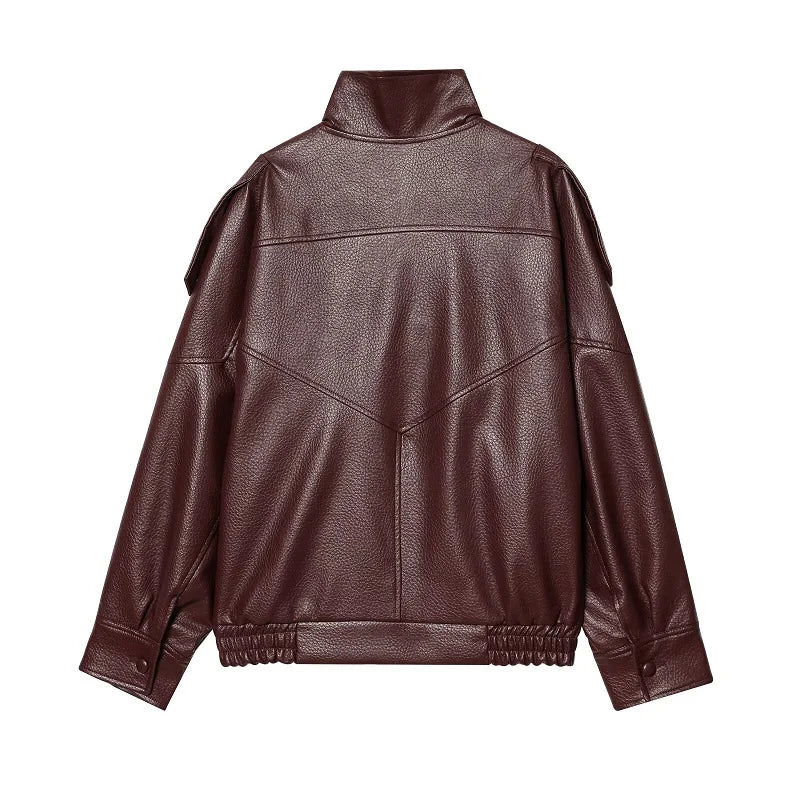 Jaqueta Feminina Oversized Couro Eco Gola Alta Estilo Europeia Vintage Premium Modern Verona