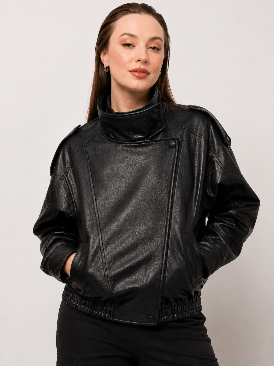Jaqueta Feminina Oversized Couro Eco Gola Alta Estilo Europeia Vintage Premium Modern Verona
