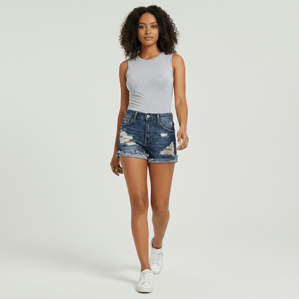 Liz High Waist Distressed Denim Shorts Frayed Hem