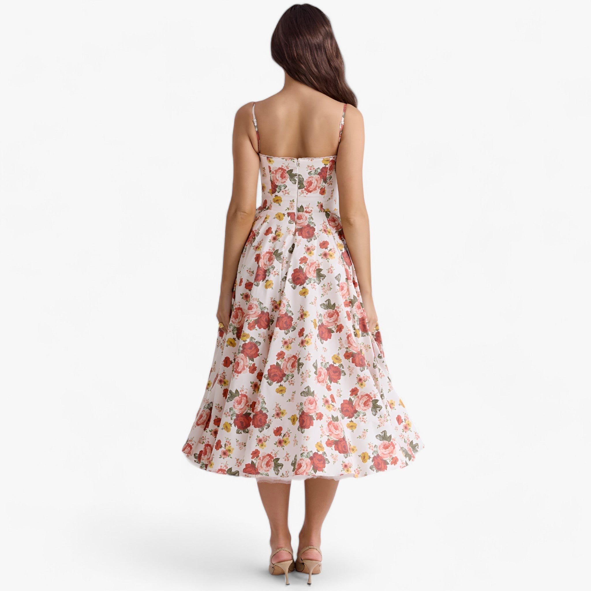 Women's Sweetheart Neckline Corset Midi Dress with Full Skirt