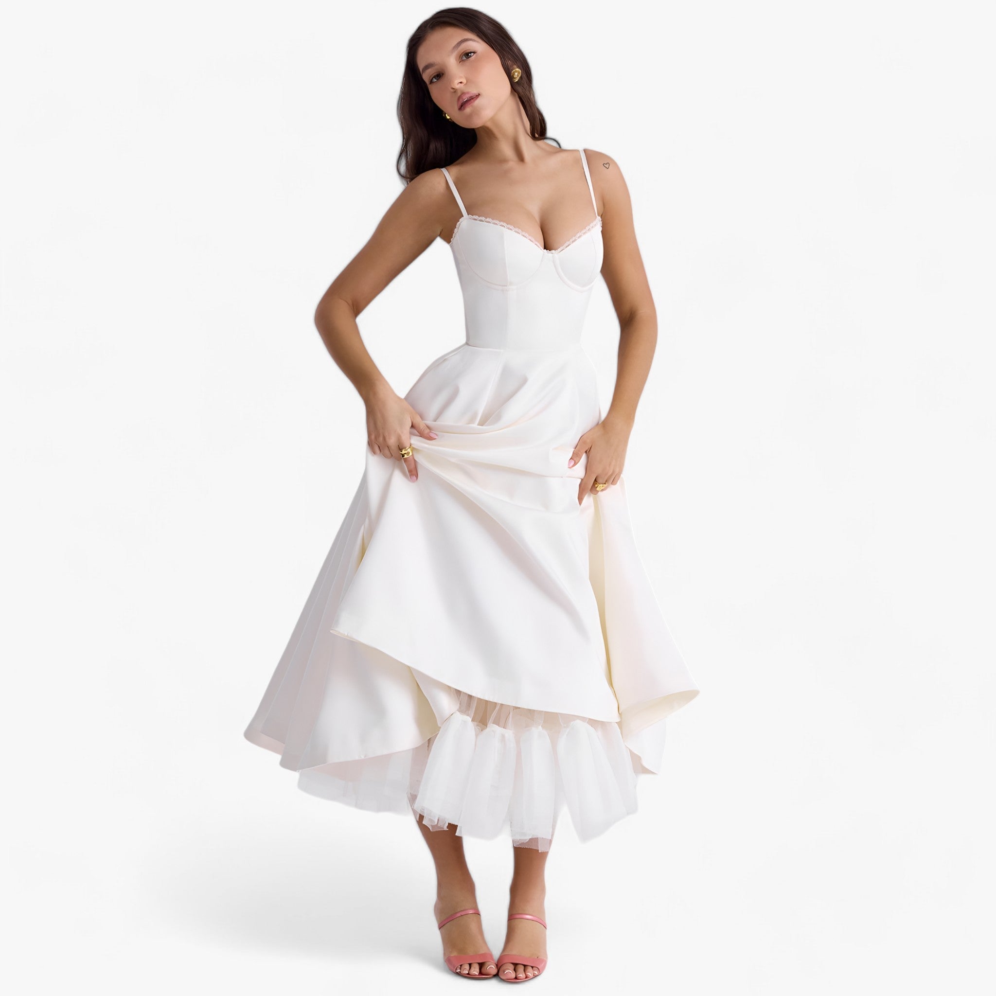 Women's Sweetheart Neckline Corset Midi Dress with Full Skirt