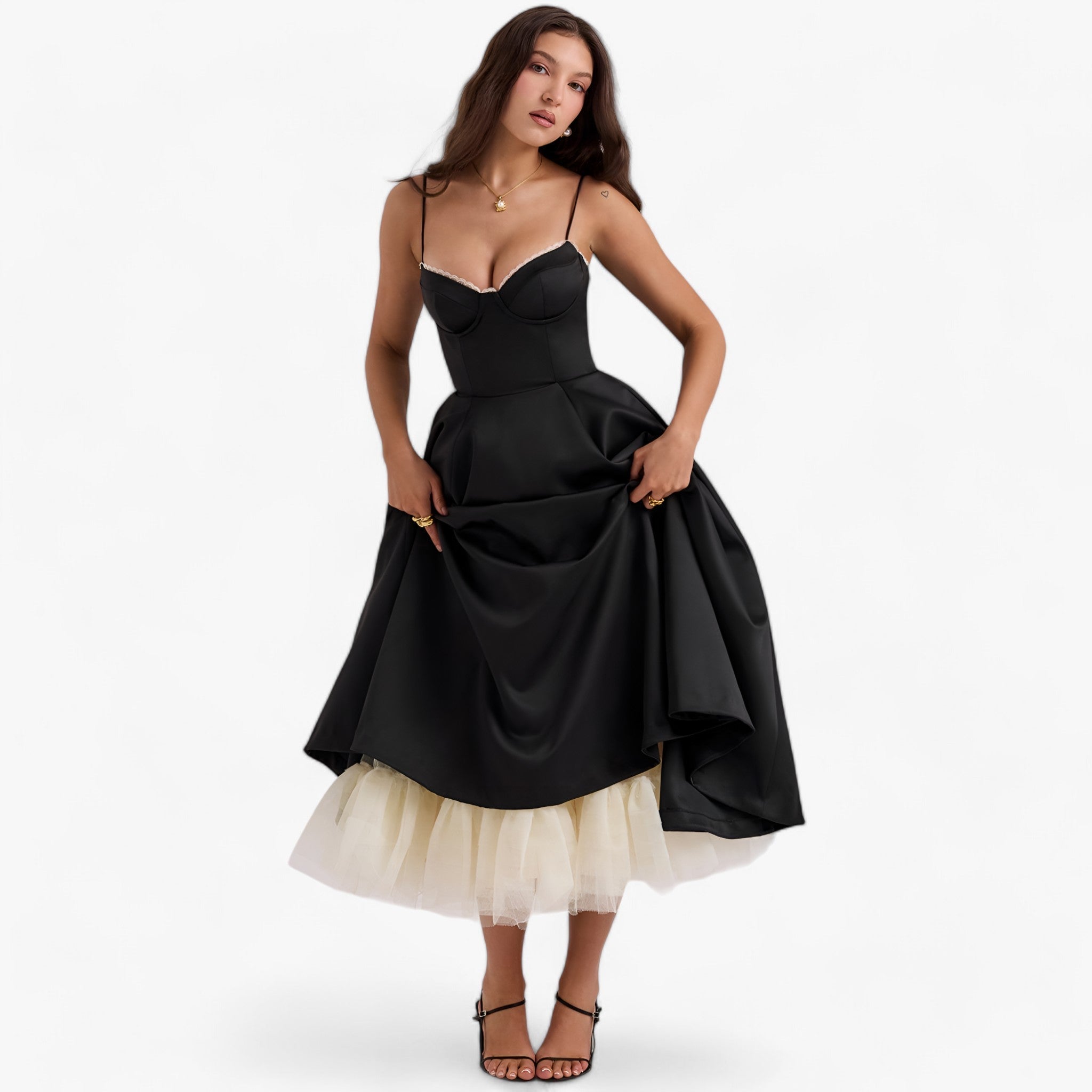 Women's Sweetheart Neckline Corset Midi Dress with Full Skirt