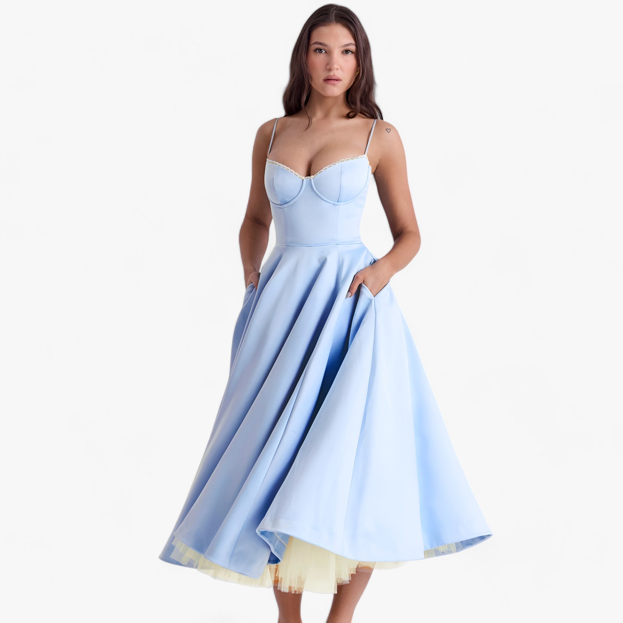 Women's Sweetheart Neckline Corset Midi Dress with Full Skirt