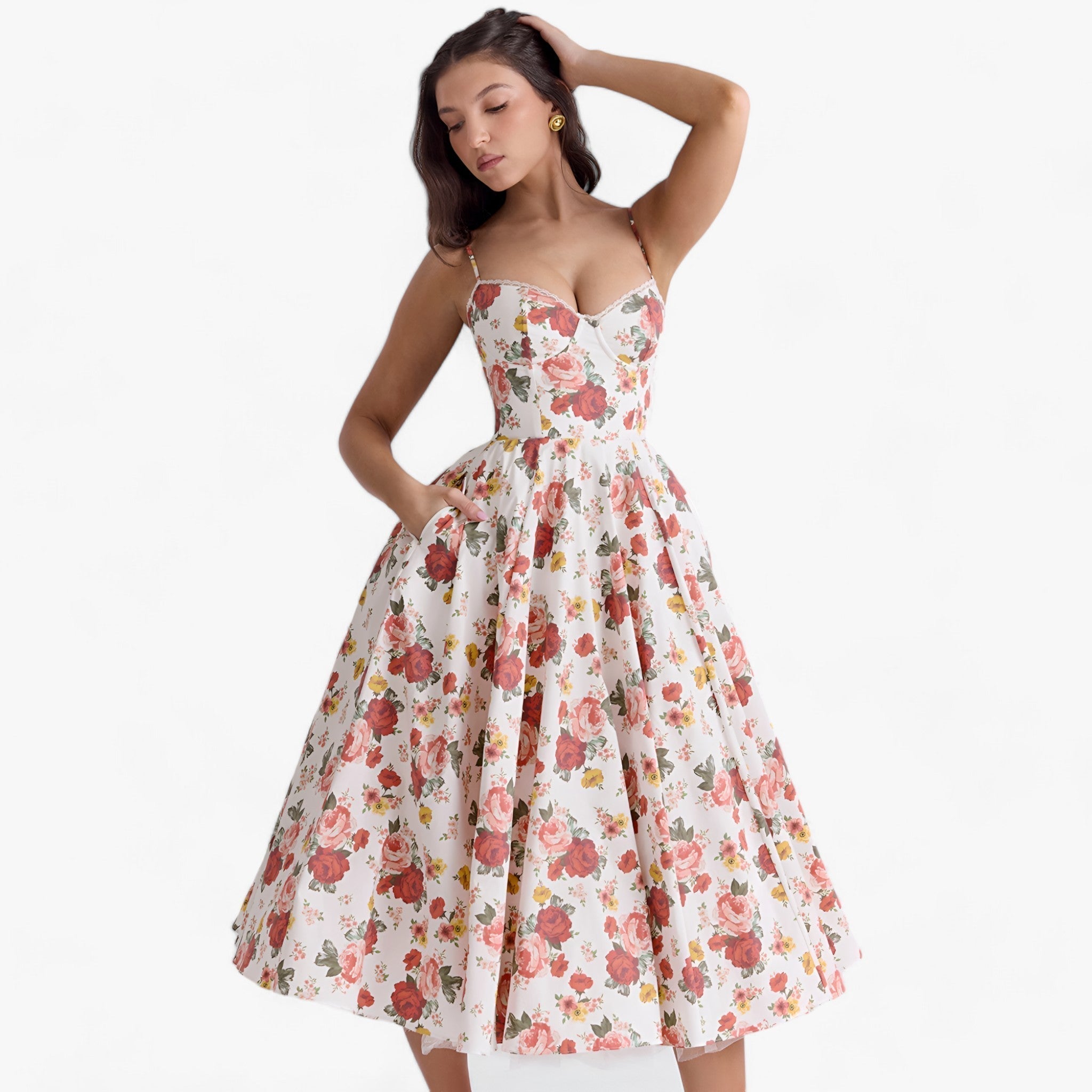 Women's Sweetheart Neckline Corset Midi Dress with Full Skirt
