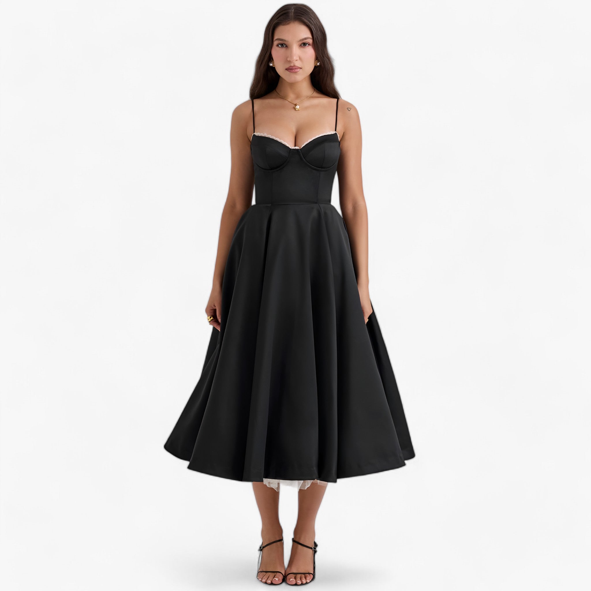 Women's Sweetheart Neckline Corset Midi Dress with Full Skirt