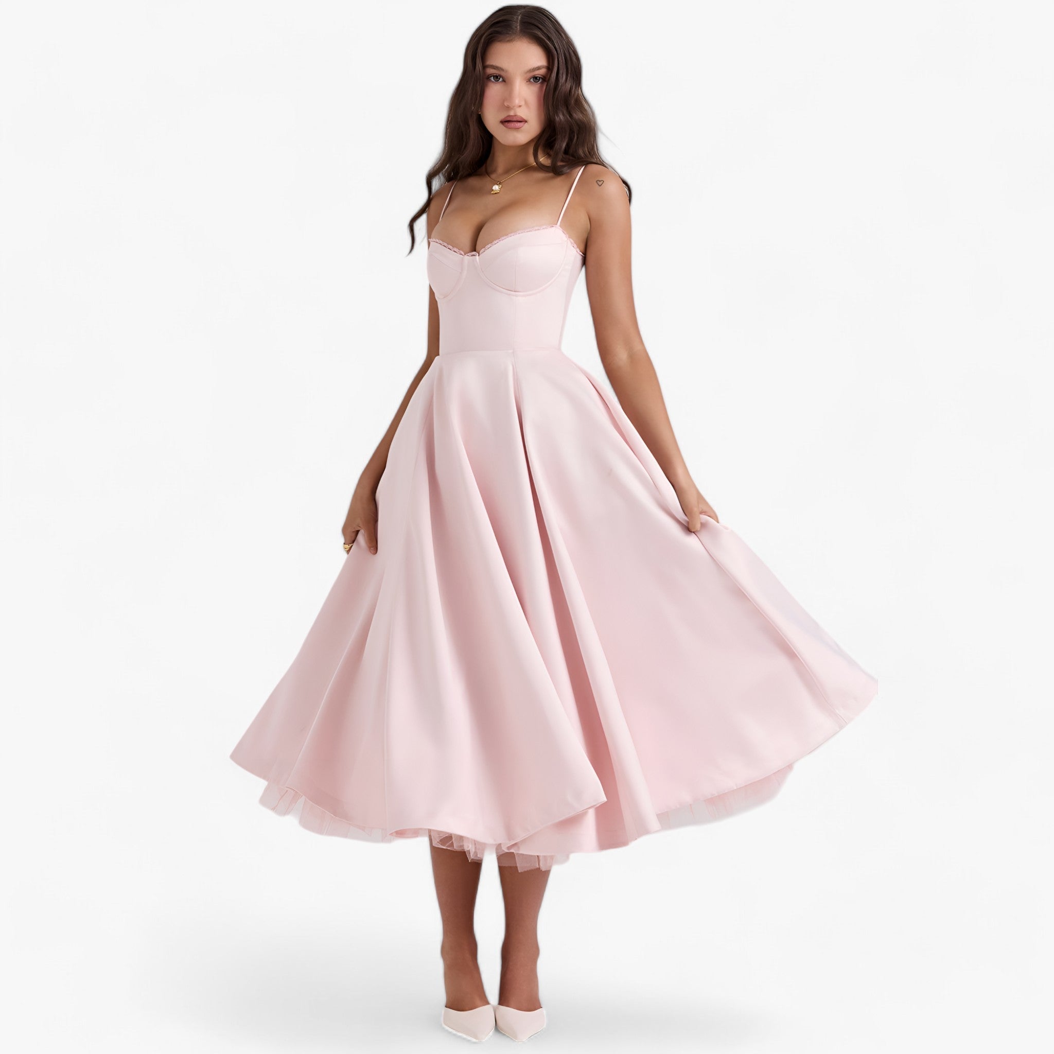 Women's Sweetheart Neckline Corset Midi Dress with Full Skirt