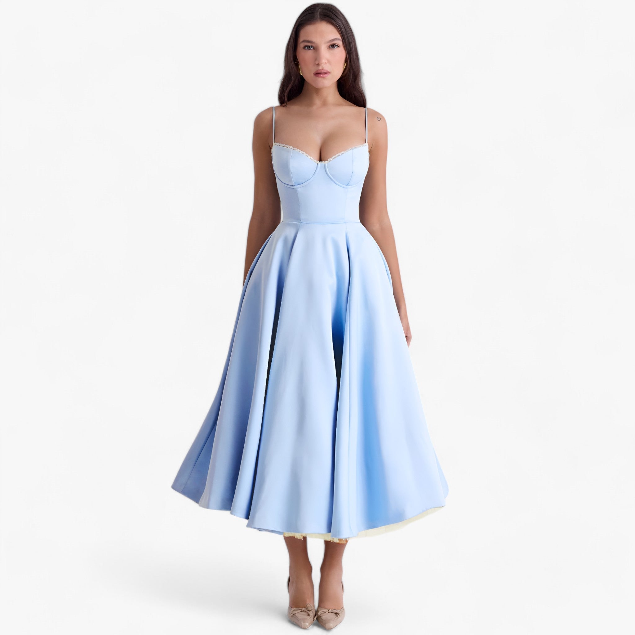 Women's Sweetheart Neckline Corset Midi Dress with Full Skirt