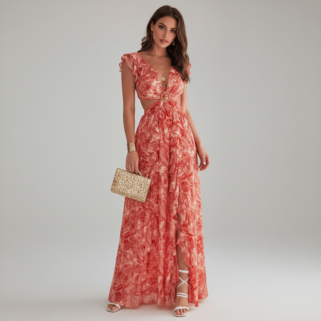 Marcia Floral Cut Out Wedding Guest Dress with Ruffle Sleeves Maxi Length