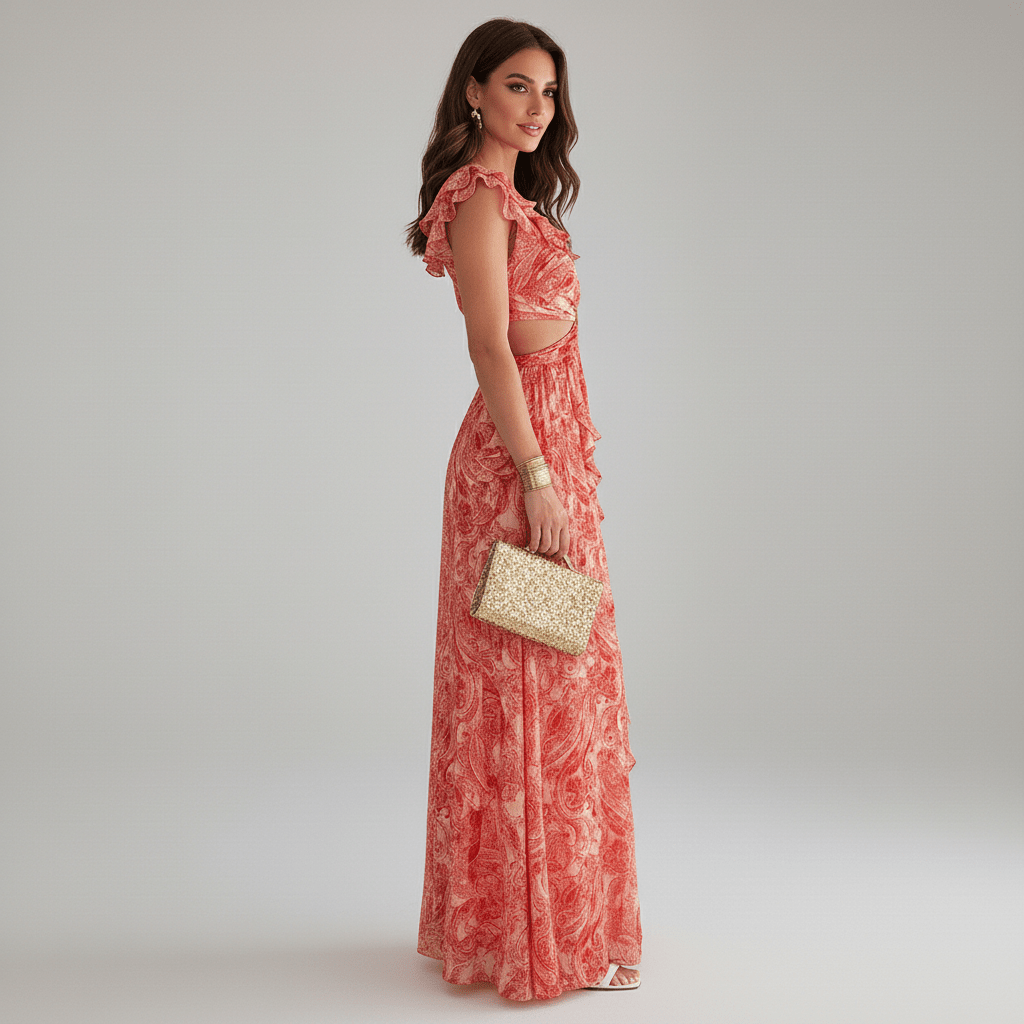 Marcia Floral Cut Out Wedding Guest Dress with Ruffle Sleeves Maxi Length