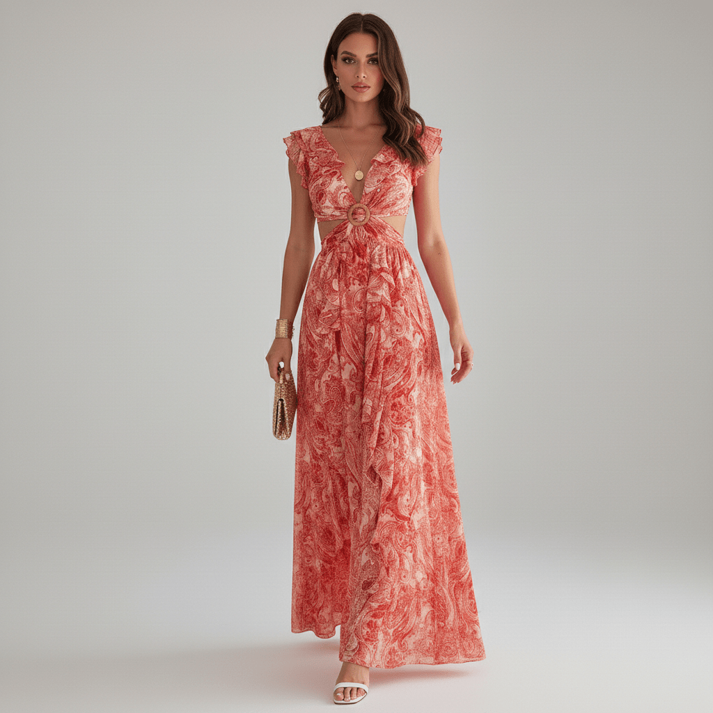 Marcia Floral Cut Out Wedding Guest Dress with Ruffle Sleeves Maxi Length