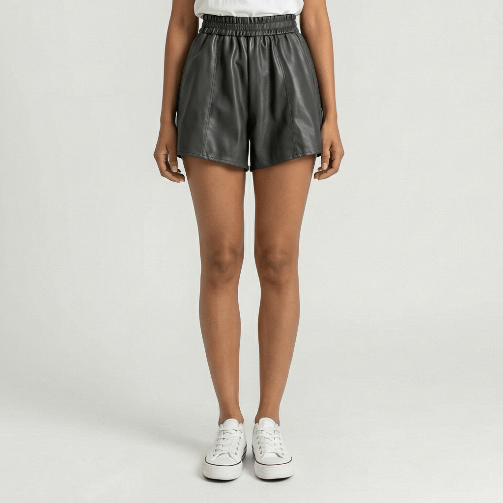 Marianne High Waist Faux Leather Shorts Elastic Waist Wide Leg