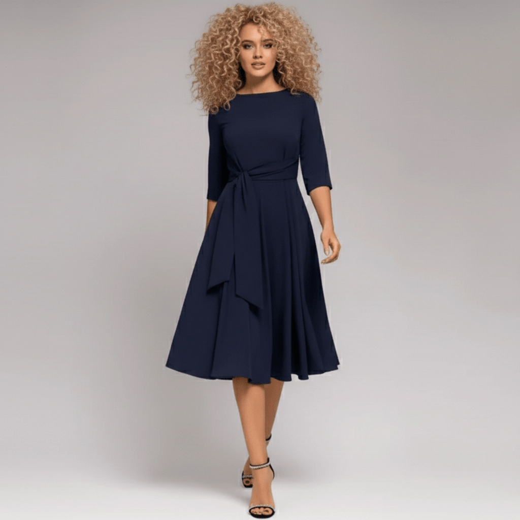 Marigold A-Line Midi Dress with Tie Waist and 3/4 Sleeves