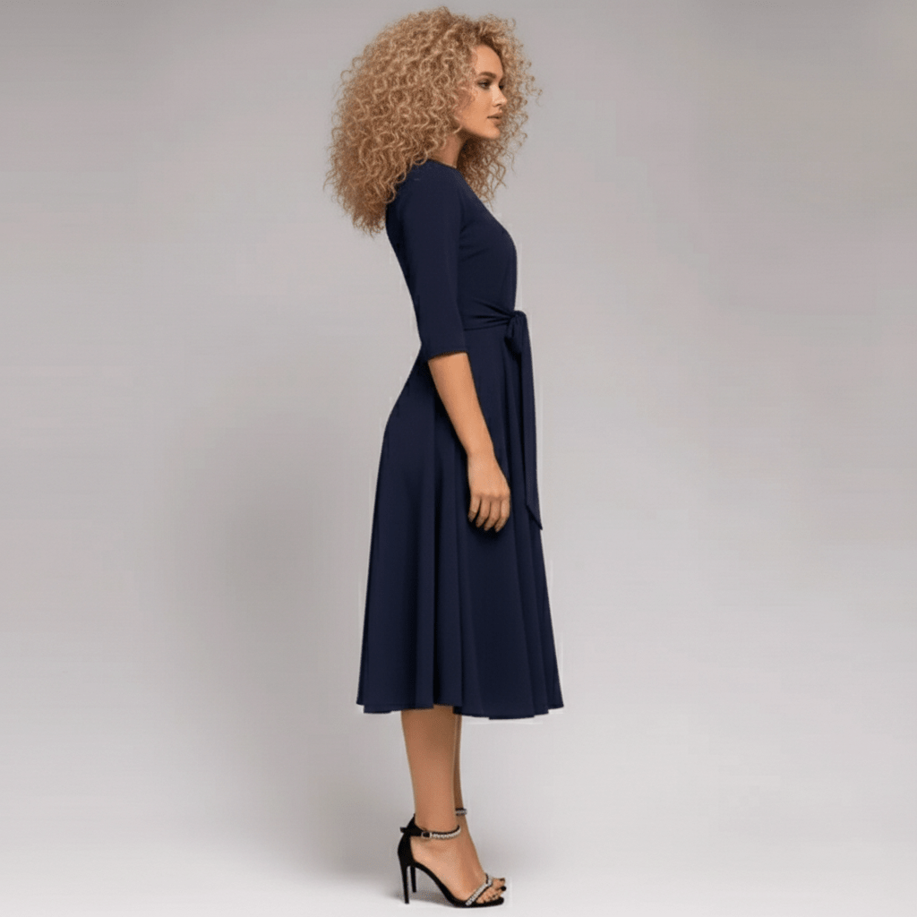 Marigold A-Line Midi Dress with Tie Waist and 3/4 Sleeves