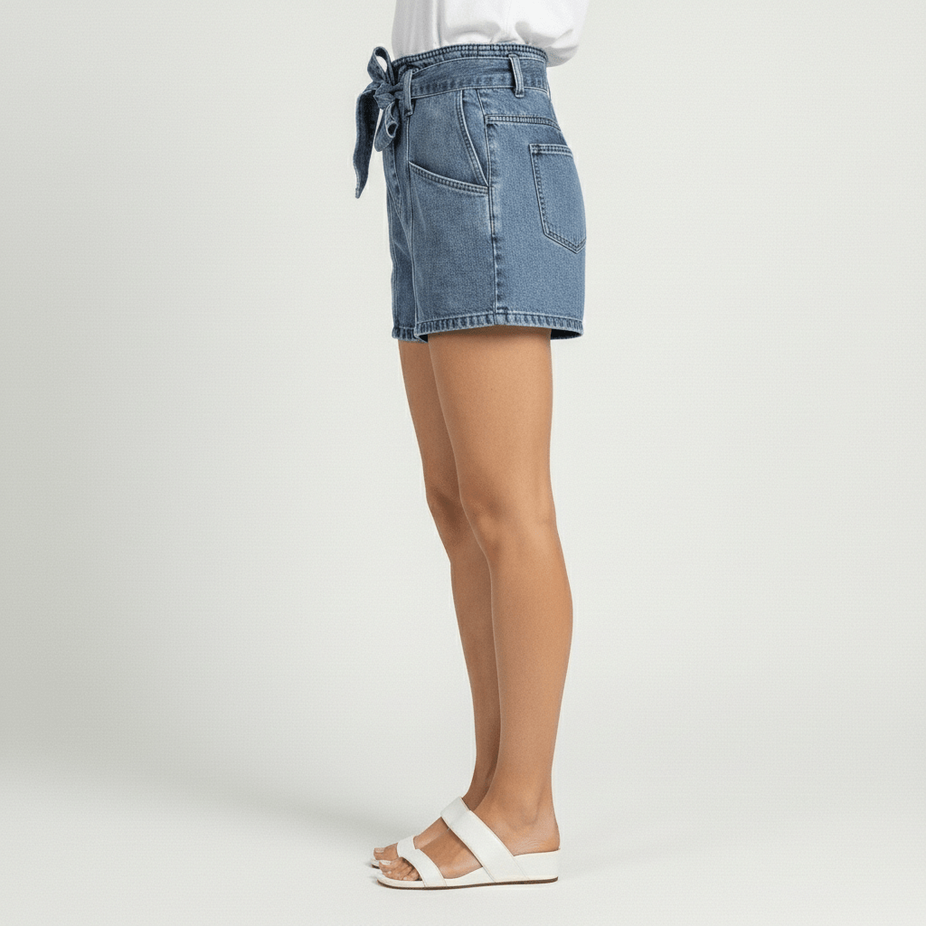 Mia High Waist Denim Shorts Tie Waist Patch Pockets