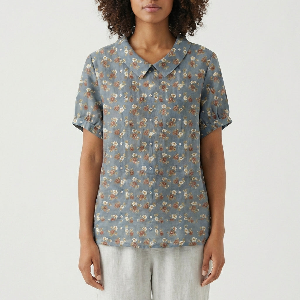Mona Floral Print Short Sleeve Blouse with Peter Pan Collar