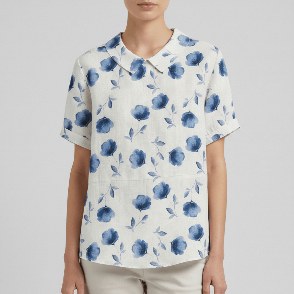 Mona Floral Print Short Sleeve Blouse with Peter Pan Collar