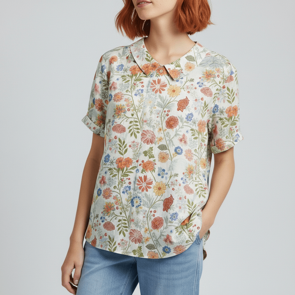 Mona Floral Print Short Sleeve Blouse with Peter Pan Collar