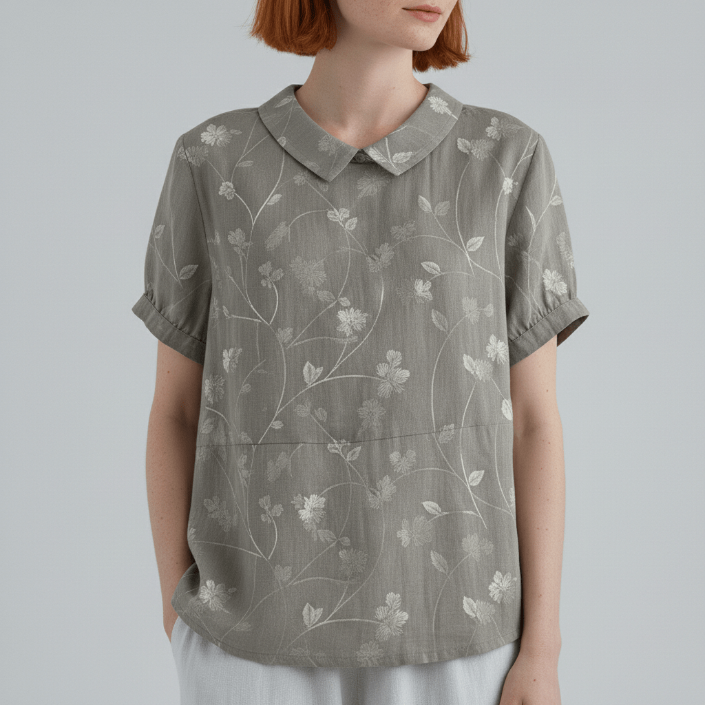 Mona Floral Print Short Sleeve Blouse with Peter Pan Collar