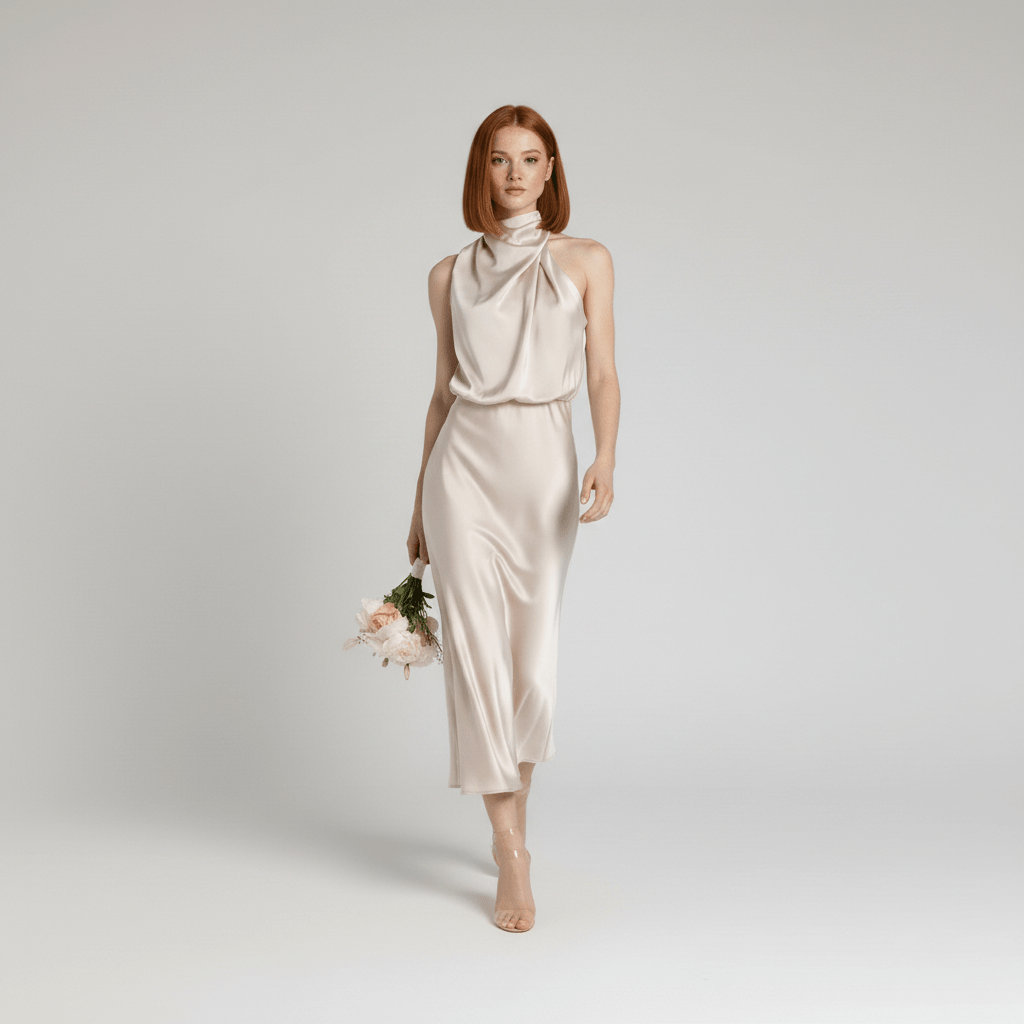 Natasha Halter Neck Satin Midi Dress for Women with Draped Neckline