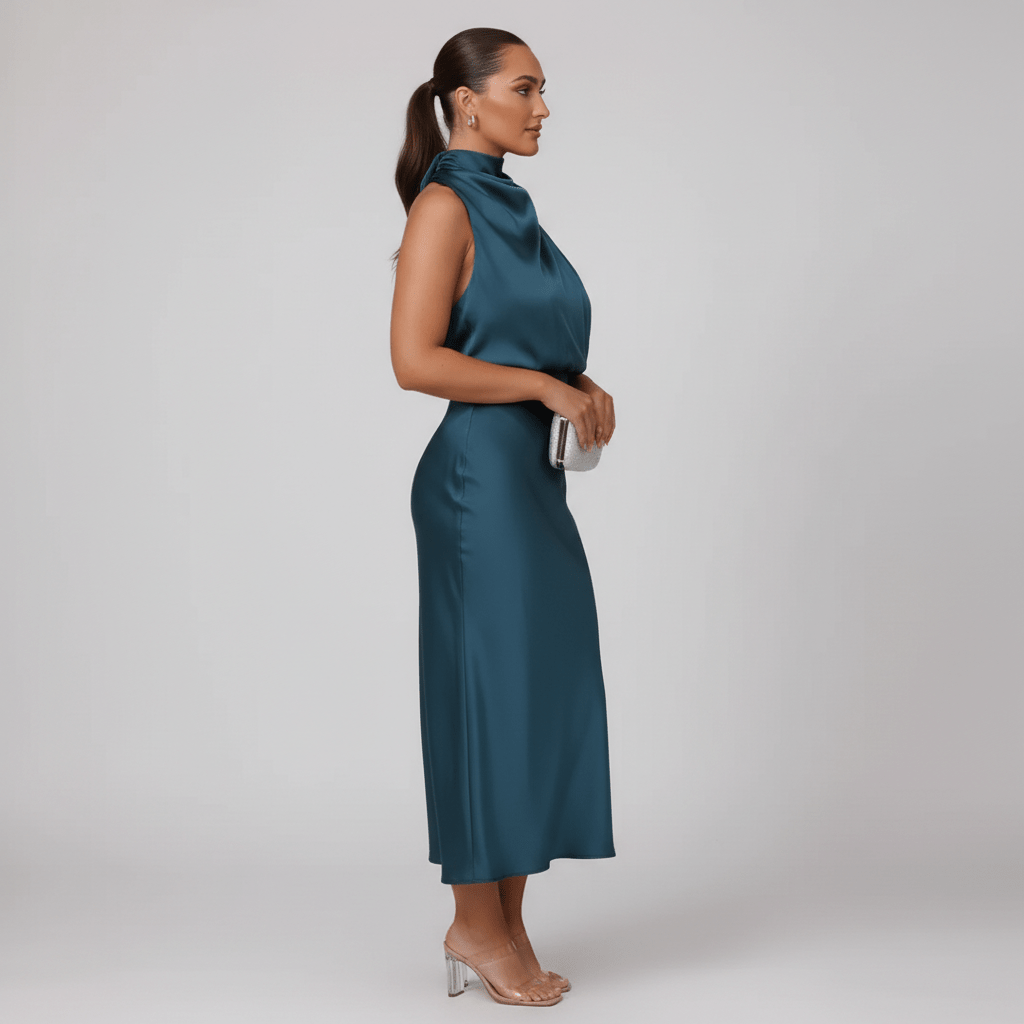 Natasha Halter Neck Satin Midi Dress for Women with Draped Neckline