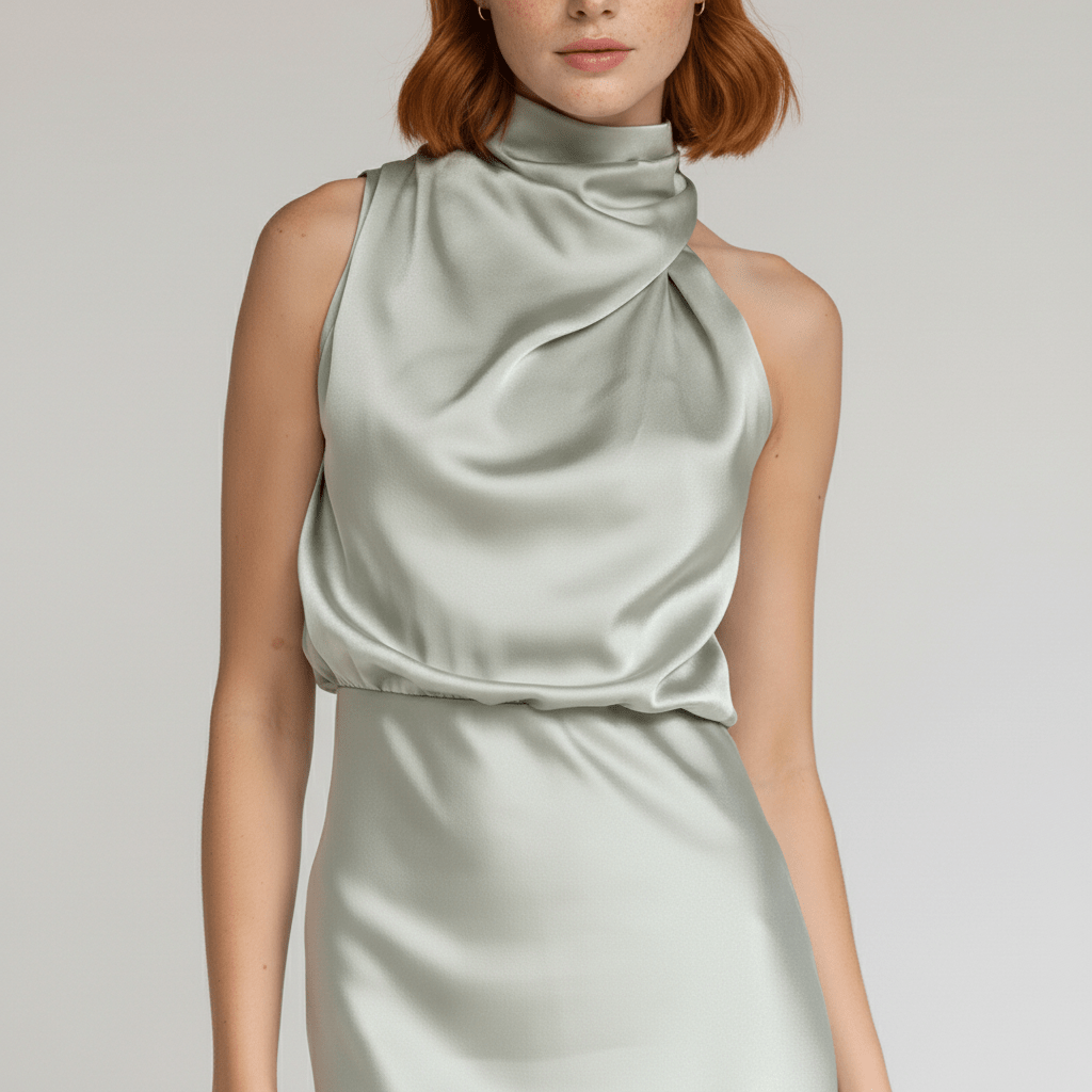 Natasha Halter Neck Satin Midi Dress for Women with Draped Neckline