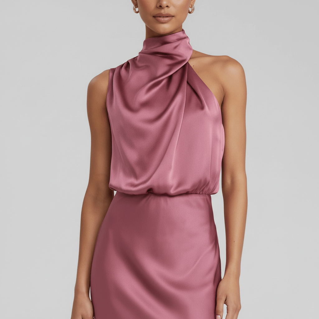 Natasha Halter Neck Satin Midi Dress for Women with Draped Neckline