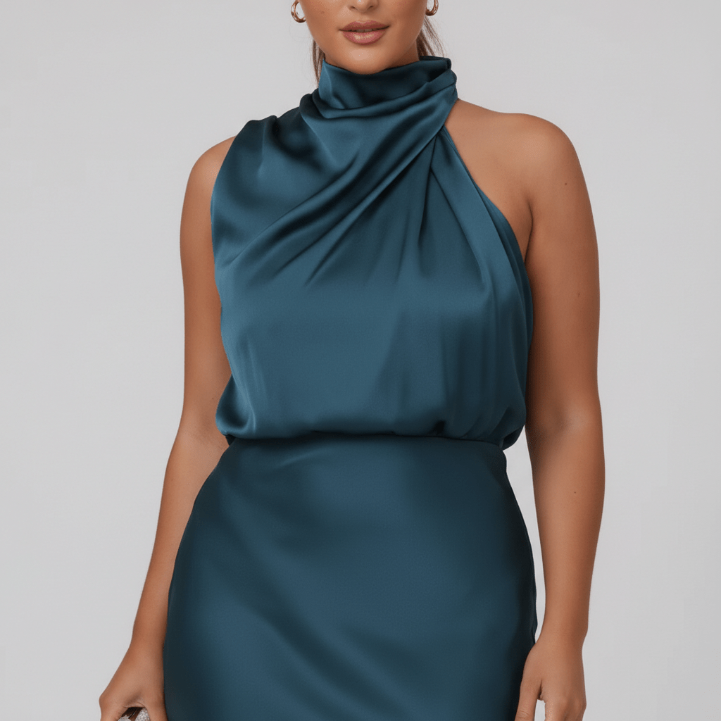 Natasha Halter Neck Satin Midi Dress for Women with Draped Neckline