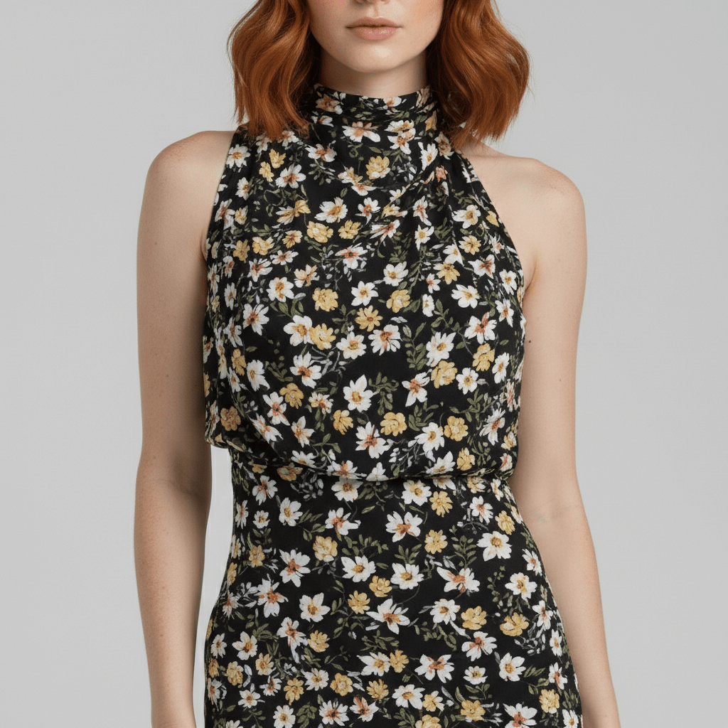 Natasha Halter Neck Satin Midi Dress for Women with Draped Neckline