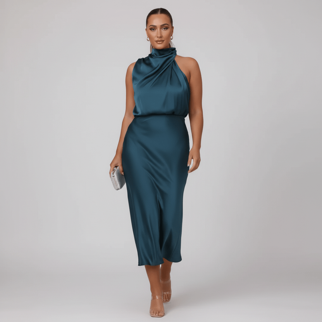 Natasha Halter Neck Satin Midi Dress for Women with Draped Neckline