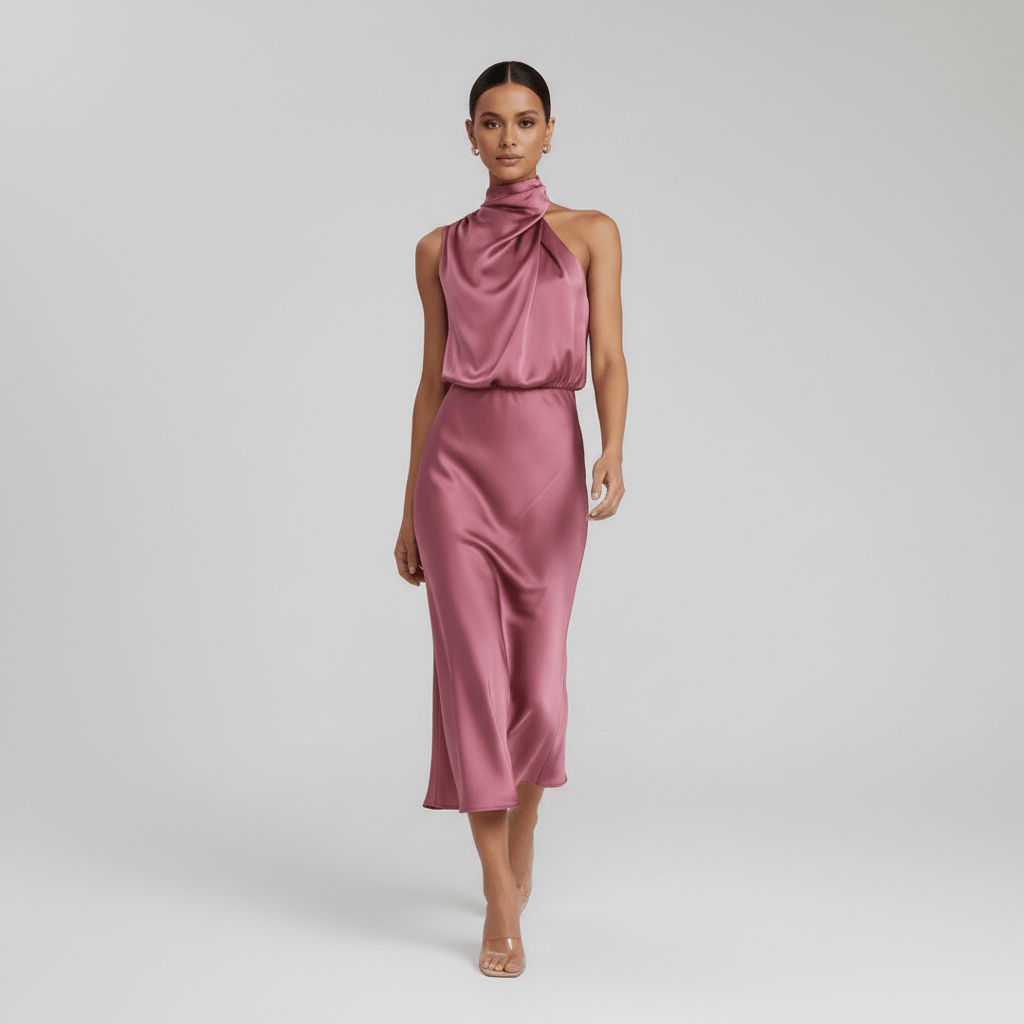 Natasha Halter Neck Satin Midi Dress for Women with Draped Neckline
