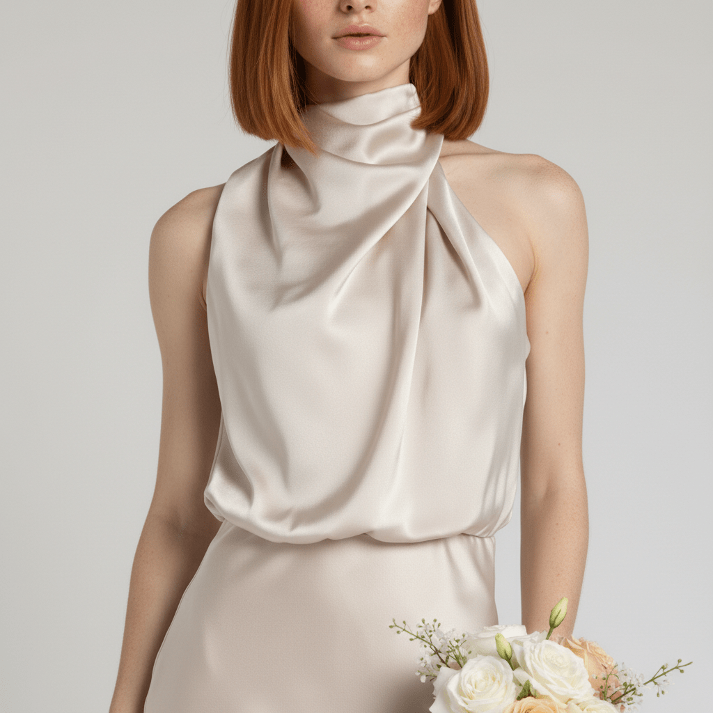 Natasha Halter Neck Satin Midi Dress for Women with Draped Neckline